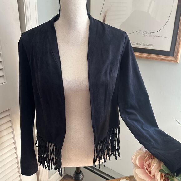 INC INTERNATIONAL CONCEPTS Womens Jacket Small Black Fringe Faux Suede Stretch - Picture 1 of 10